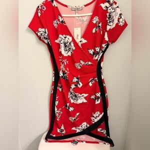 Red Floral Wrap Midi Dress with Black Trim